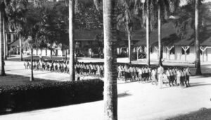 School children drill in front of Dorn Hall each morning. Ekelund collection from the Guam Museum.