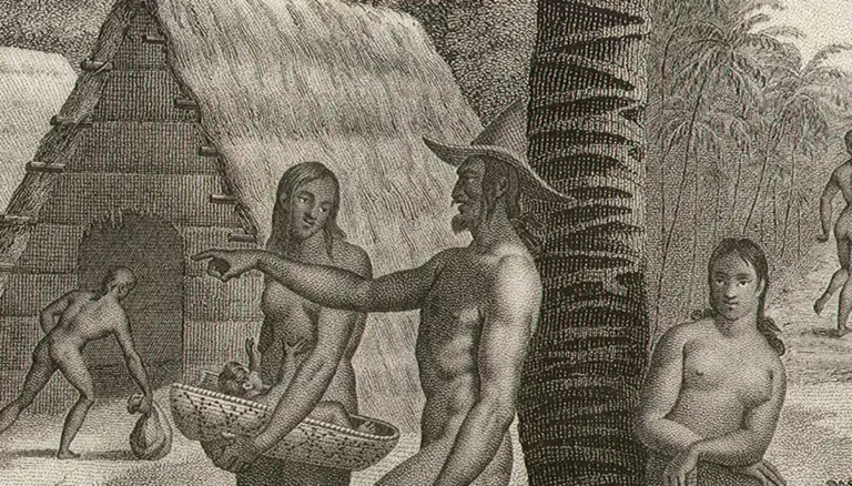 Ma uritao, an ancient CHamoru/Chamorro term used to describe a young unmarried women who sexually train young men. Scene of the Ancient CHamorus illustrated by JA Pellion from Freycinet’s Voyage Autour de Monde, Paris, 1824. Guam Public Library System