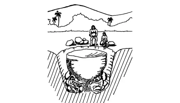 Ancient Chamorro quarry men chipped limestone with basalt adzes and axes, they removed the rubble by hand or wooden shovels. Lawrence J. Cunningham/Bess Press, Inc.