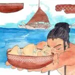 Pre-Latte pottery illustration by Raph Unpingco. Foods of ancient CHamorus/Chamorus included dokdok (seeded breadfruit), pandanus, and fadang (federico palm nuts) which were indigenous to the islands. Lemmai (seedless breadfruit), bananas and sugarcane probably were introduced by the ancient CHamorus.