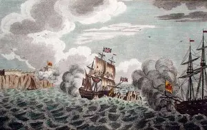 The Success, a pirate ship under the direction of John Clipperton, got stuck in Umatac Bay in 1788 after charging the shore. Spanish soldiers fired upon them for three days from two forts, as shown in this illustration. John Lodge