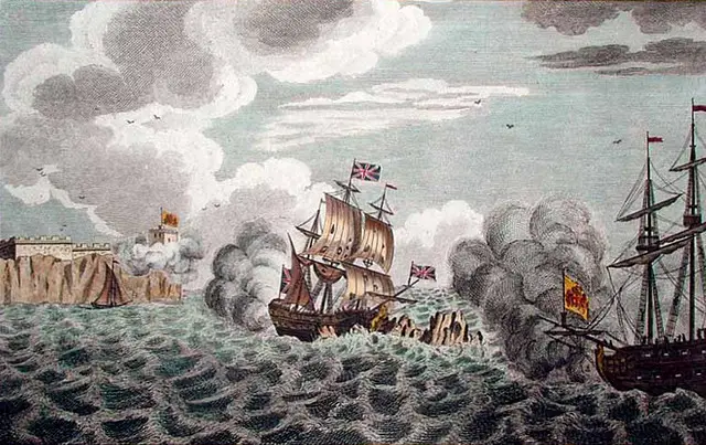 The Success, a pirate ship under the direction of John Clipperton, got stuck in Umatac Bay in 1788 after charging the shore. Spanish soldiers fired upon them for three days from two forts, as shown in this illustration. John Lodge