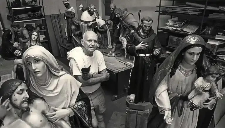 Fr. Marcian Pellet at work in his art studio at St. Fidelis Friary, 1980s. Capuchin Order, Guam