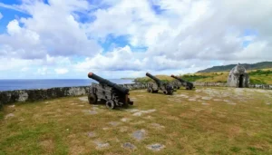 Fort Soledad, the last Spanish fortifications built in the village of Humåtak/Umatac and is located atop a steep bluff. The fort provides a superior view of the village, the bay and the rugged coastline. Burt Sardoma for the Guam Preservation Trust (GPT).