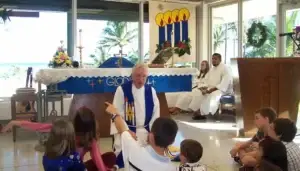 Pastor Jeff Johnson with the children for a children's class in 2007. Lutheran Church of Guam