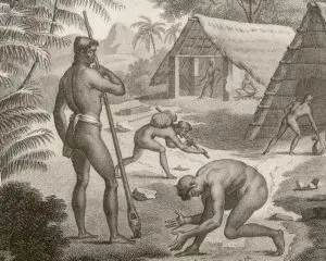 Show of respect for elder or clan leader. Freycinet collection from the Guam Public Library System.