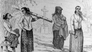 Women are shown smoking tobacco near a shrine. One is carrying a bamboo water container and another is with a child. Illustration from the collection of Dumont d’Urville. Micronesian Seminar (MicSem)