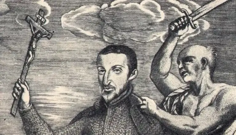 San Vitores, center, was killed along with Pedro Calungsod after the missionary baptized CHamoru/Chamorro Chief Matå'pang's daughter without his consent. In this illustration Matå'pang and Hirao are portrayed as evil savages.