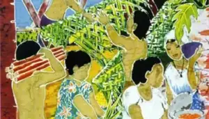 In this batik by Judy Flores, the idea of showing wealth or capability to the bride's family is emphasized through a show of labor and materials. Judy Flores