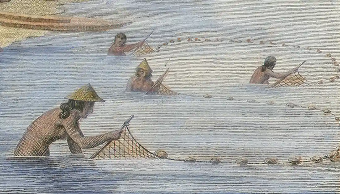 Fishing Tools Featured Image. Ancient CHamorus/Chamorros fishing for the village illustrated by JA Pellion from Freycinet’s Voyage Autour de Monde, Paris, 1824.