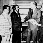 Guam leaders meet with US Senator Spark M. Matsunaga after the US Senate hearing on the proposed Guam Constitution. L to R: Sen. Antonio M. Palomo, Con-Con Delegate Judith P. Guthertz, Con-Con President Carl Gutierrez, Mr. Walter Ferenz, representing the Guam Bar Association, Mr. Greg S. Perez, Chamber of Commerce president. Guam's Congressman Antonio B. Won Pat, and Sen. Matsungaga who chaired the hearings. Photo courtesy of the Micronesian Area Research Center (MARC).