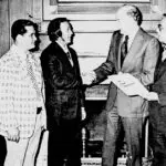 Guam leaders meet with US Senator Spark M. Matsunaga after the US Senate hearing on the proposed Guam Constitution. L to R: Sen. Antonio M. Palomo, Con-Con Delegate Judith P. Guthertz, Con-Con President Carl Gutierrez, Mr. Walter Ferenz, representing the Guam Bar Association, Mr. Greg S. Perez, Chamber of Commerce president. Guam's Congressman Antonio B. Won Pat, and Sen. Matsungaga who chaired the hearings. Photo courtesy of the Micronesian Area Research Center (MARC).