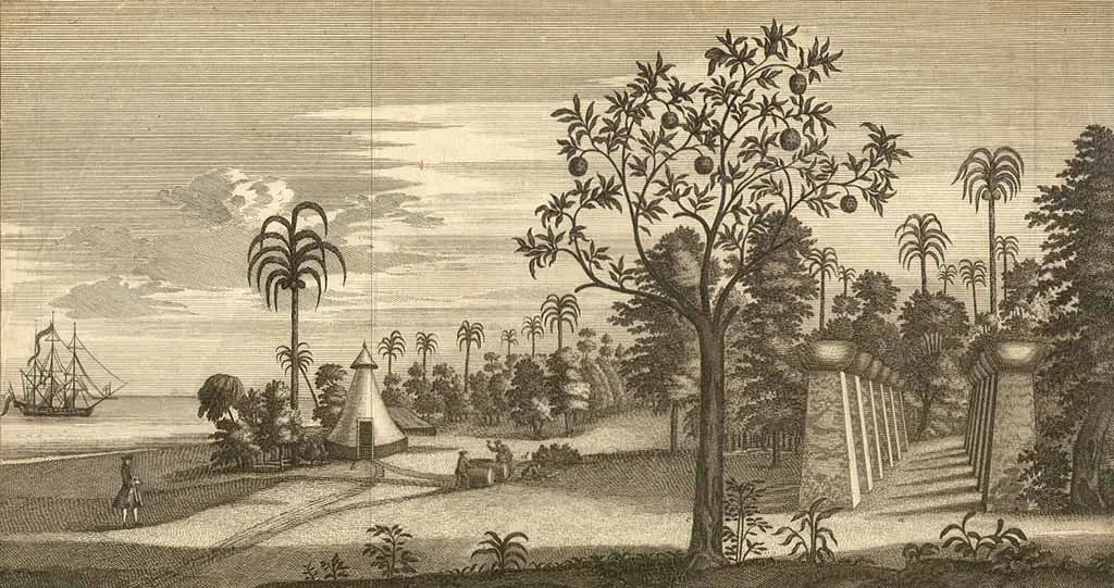 VUE DE L’AIGUADE DE L’ILE DE TINIAN. Richard Walter -- 1750. 1 lithograph: black and white; 24 x 38 cm. No. 28. Anson. From Walter’s Voyage Autour de Monde (Geneva, 1750).
