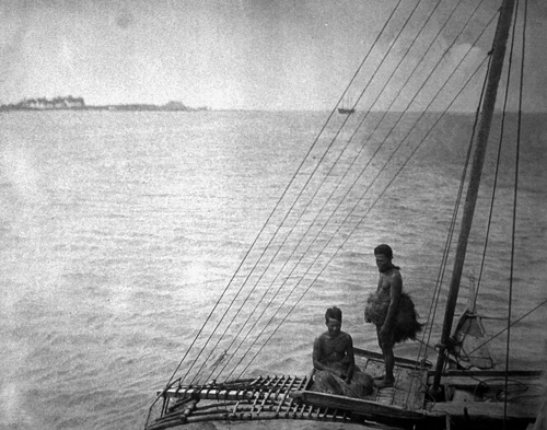 Marshall Group, Jaliut Lagoon, crew of sailing canoe in native costume. Photo from the Wikimedia Commons courtesy of NOAA.