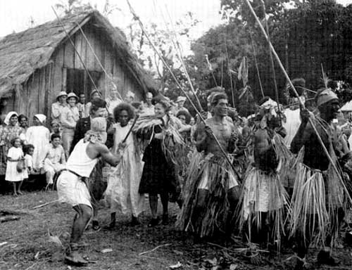 US Army nurses participating in a native dance at Saint-Lois Village, New Caledonia. Photo from the US Army Medical Department, Office of Medical History.