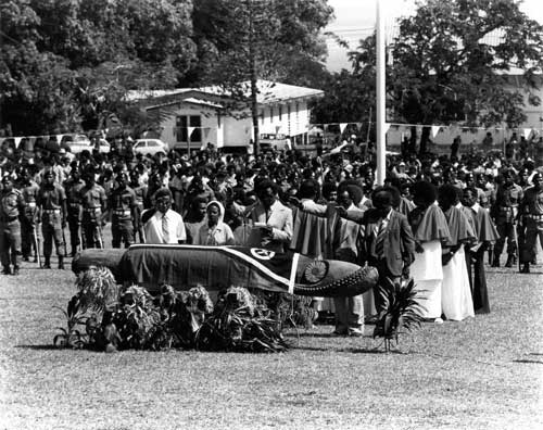 First Vanuatu Flag raising at Independence Park grandstand, 30 July 1980. Photo from Vanuatu Daily Digest.