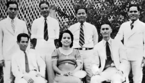 Officers of the Guam Teachers Association in mid-thirties. Seated, L-R. Antonio B. Won Pat, Mrs. Agueda I. Johnston, Tomas R. Santos. Standing, L-R. Vicente C. Reyes, Luis P. Untalan, Jose LG Rios, and Rev. Joaquin F. Sablan. Sanchez Photo Collection.