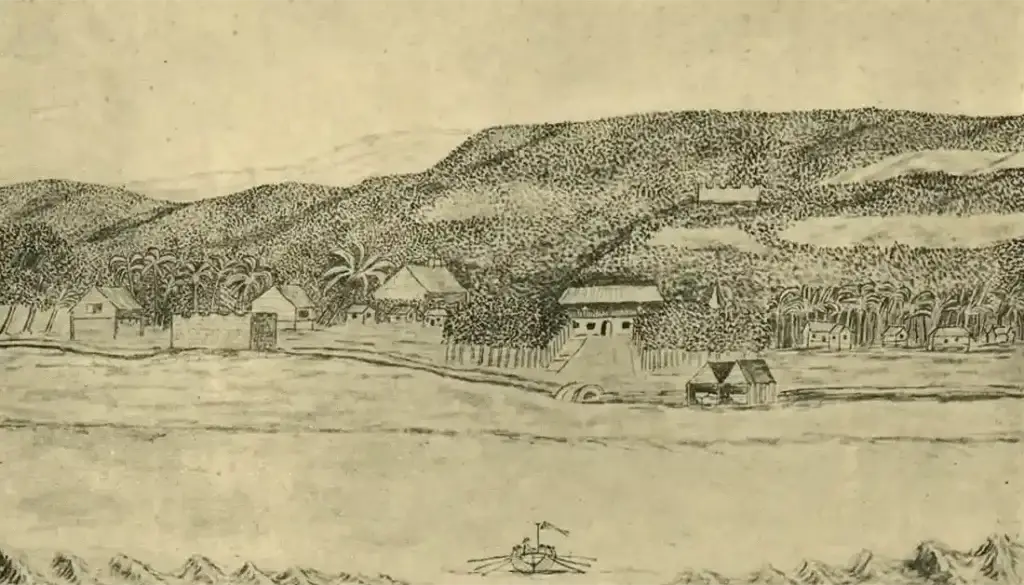 Hand-drawn coastal village with huts, palm trees, and hills in the background; a small boat on the water in the foreground.