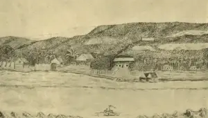 Hand-drawn coastal village with huts, palm trees, and hills in the background; a small boat on the water in the foreground.