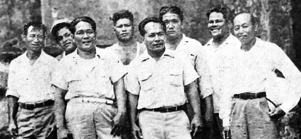 Merizo uprising. A small group of Merizo men led by Jose Tonko Reyes, killed several Japanese guards and freed their families, relatives and friends from possi-ble massacre. The Merizo co-liberators in the postwar photo, left, are Jose Tonko Reyes, front center; Vicente Meno, Patricio Taijeron, Nicolas Ada, Mariano