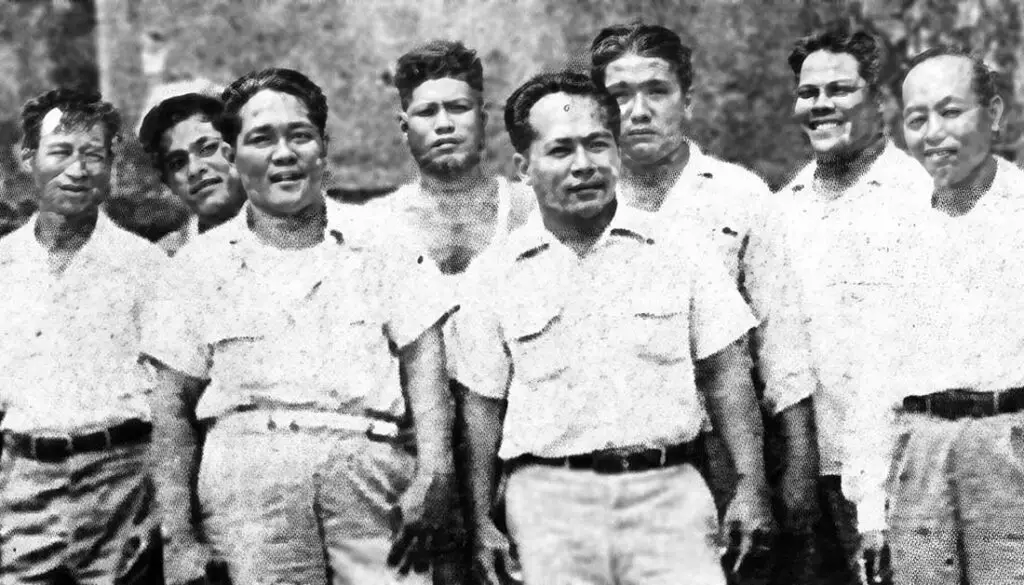 The Malesso' co-liberators in the postwar photo, left, are Jose Tonko Reyes, front center; Vicente Meno, Patricio Taijeron, Nicolas Ada, Mariano