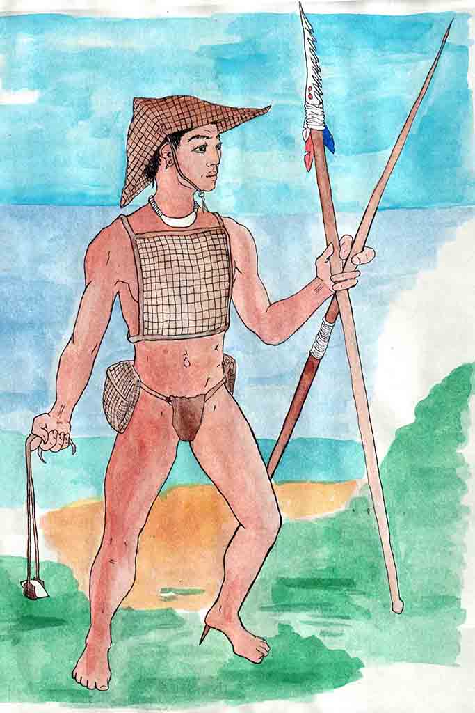 Ancient CHamoru warriors wore woven helmets and chest plates in battle. Their weapons included the slingstone and spear. Raph Unpingco/Guampedia