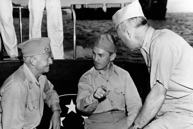 Secretary of the Navy Forrestal, Fleet Admiral Nimitz, and other Senior Military Officers