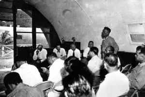 Simon Sanchez addresses the Hopkins Committee after World War II. Photo courtesy of the Micronesian Area Research Center (MARC).