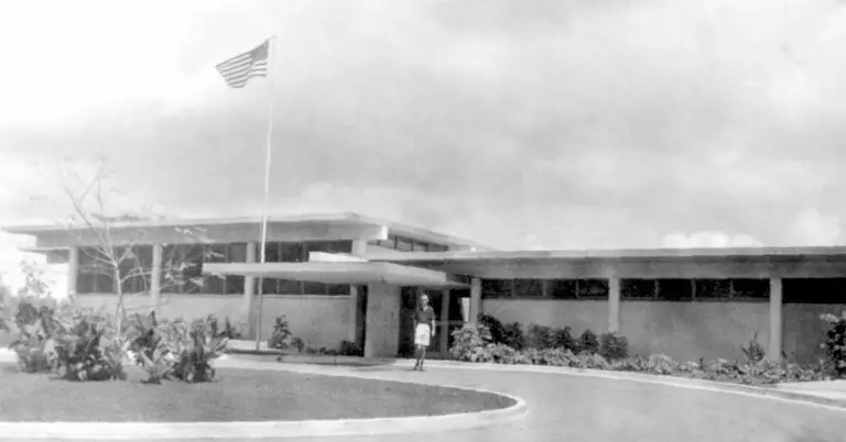 James M. Stewart in front of Government House, 11 October 1954. Manuscripts Collection RFT MARC, University of Guam.