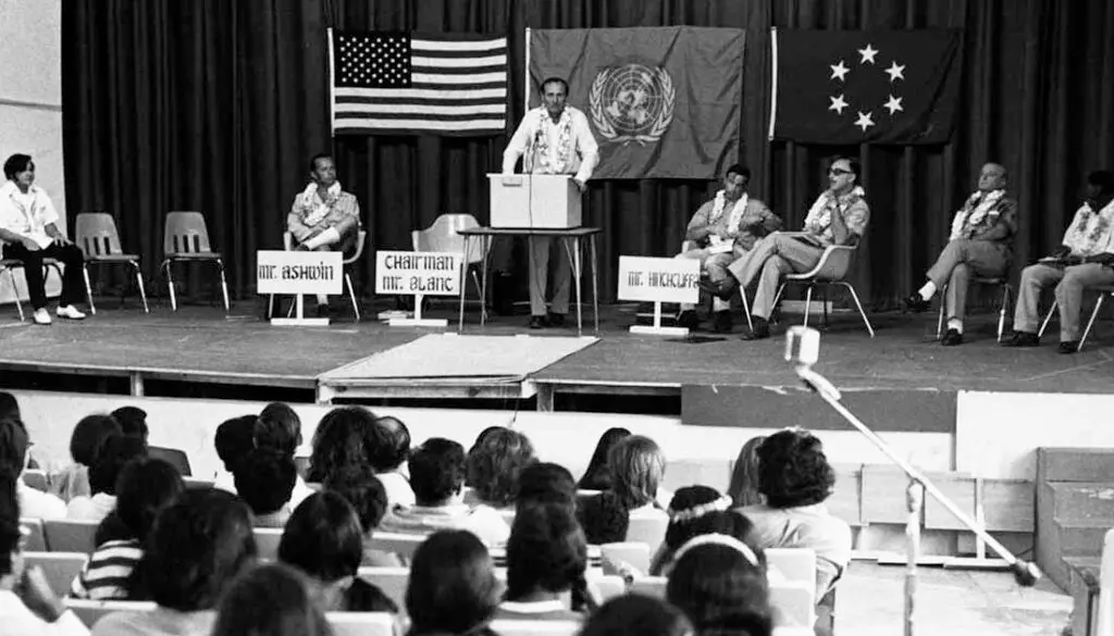 United Nations team addresses University of Guam students.Trust Territory Photo Archives, Pacific Collection, University of Hawaii-Manoa Library (digital.library.manoa.hawaii.edu/collections/show/29). N-16