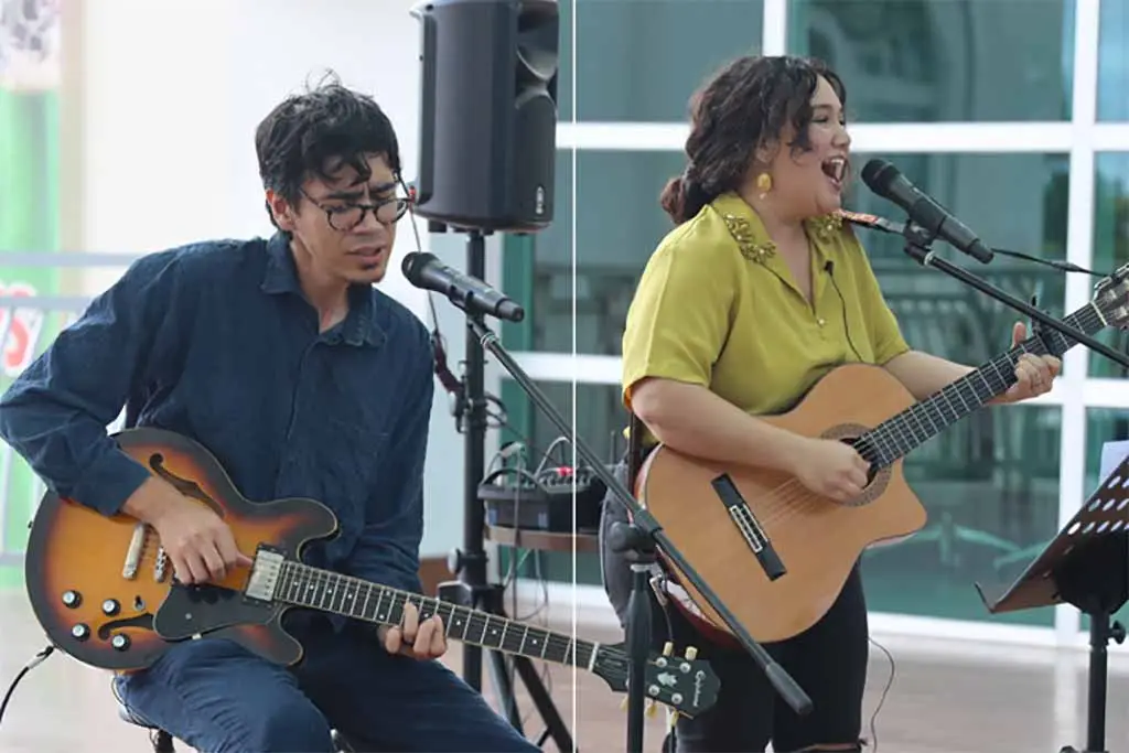 Fanohge CHamoru Exhibition Section 6: CHamoru Renaissance Music 2: Microchild. Guåhan and Palau indie duo Microchild performing songs in CHamoru and English at the Guam Museum, February 2020. Photo by Dominica Tolentino