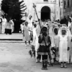 Father Blas de Cáseda with angels and archangels segment of the December 8 1935 Santa Marian Kamalen procession from the Cathedral in Hagåtña.