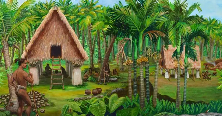 Ancient CHamoru/Chamorro latte village Guam Museum mural by Anita Bendo.