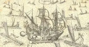 QUID IN LADRONES IN SVLA HOLLANDIS ACCIDERIT [TRADING AT THE LADRONES]. Theodor de Bry --1602. 1 print: black and white; 23 x 32 cm. Plate X. From Bry's collection of Voyage. An image of trading in the Mariana Islands