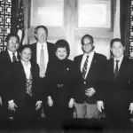 Members of the Commission on Self-Determination with newly-appointed interior Secretary Bruce Babbitt in 1993; from left: Mayor Francisco N. Lizama, Presiding Judge Alberto Lamorena, Senator Marilyn Manibusan, Secretary Babbitt, Senator Pilar C. Lujan, Congressman Robert Underwood, Governor Joseph F. Ada, and Senator Francisco R. Santos. Photo Courtesy of the Department of CHamoru Affairs.