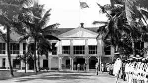 Military inspection at the Governor's Palace. From Don Farrell's The Sacrifice.