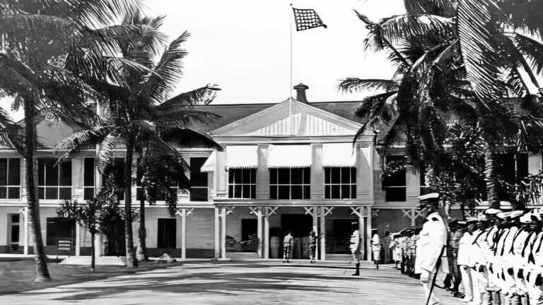 Military inspection at the Governor's Palace. From Don Farrell's The Sacrifice.