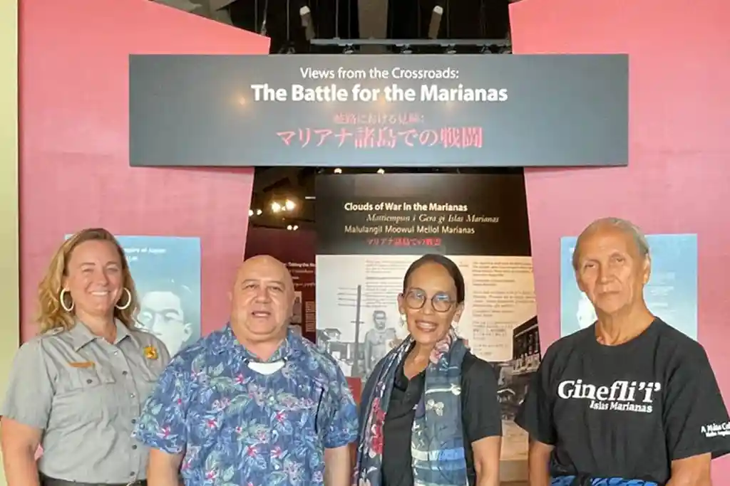 Marianas Storytelling Program at American Memorial Park with (from left to right) Ranger Brooke Nevitt, NMI Humanities Council Board Member Dr. Lawrence F. Camacho, Guampedia Managing Director Rita P. Nauta, and Department of Parks and Recreation Historian Anthony "Malia" Ramirez.