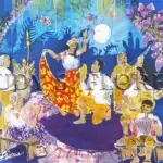 Judy Flores' batik entitled Minagof (happiness) shows the joy in dancing under the moonlight with a CHamoru/Chamorro band.