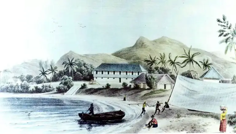 Spanish Governor's Humåtak (Umatac) Palace, 1830s. Illustration by Louis de Sainson.