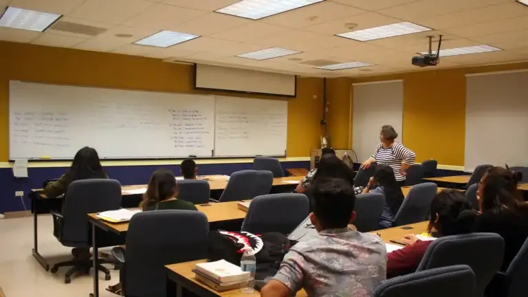 Instructor in a striped shirt stands at the front of a classroom, guiding students seated at long desks.
