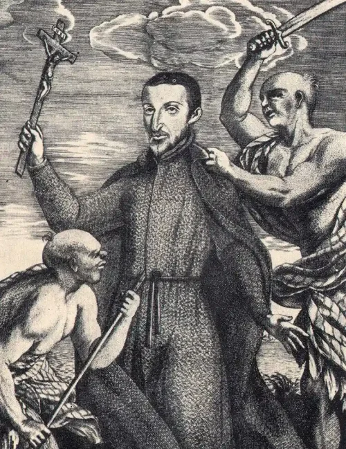 San Vitores, Matå’pang, and Hirao San Vitores, center, was killed along with Pedro Calungsod after the missionary baptized CHamoru/Chamorro Chief Matå'pang's daughter without his consent. In this illustration Matå'pang and Hirao are portrayed as evil savages.
Capuchin Order, Guam