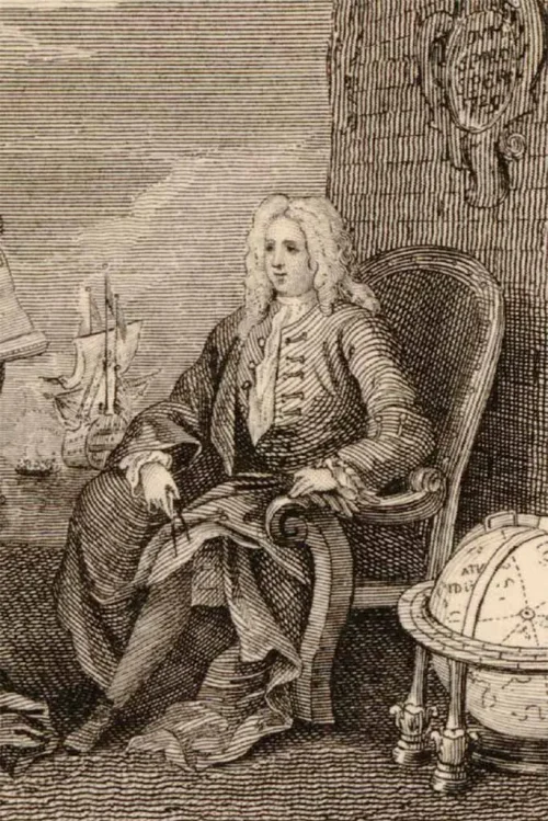 Woodes Rogers (detail) by Ireland's Graphic Illustrations of Hogarth. Courtesy of the British Museum.
